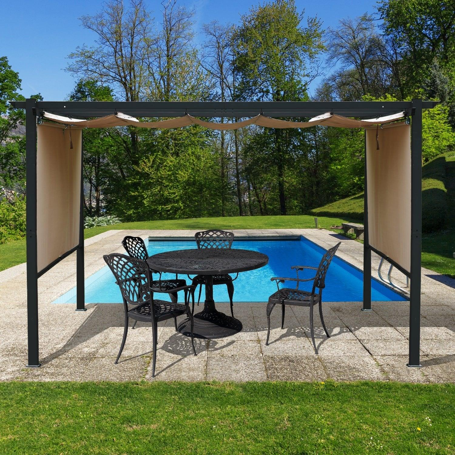 12x12 FT Outdoor Pergola with Retractable Shade Canopy Aluminum Frame Roller Curtains Aoodor