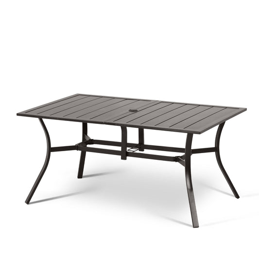 Patio Dining Table for 6 People, 59"L x 38"W Metal Outdoor Table with Adjustable Umbrella Hole