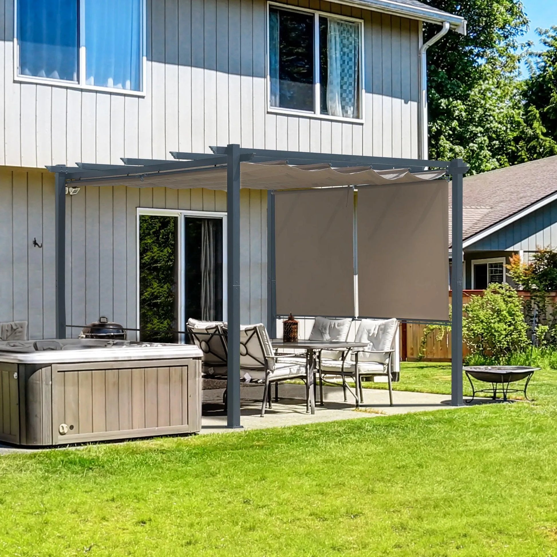 10 x 10 FT Outdoor Pergola with Shade Canopy, Aluminum Frame, Roller Shade Curtain Brown Aoodor