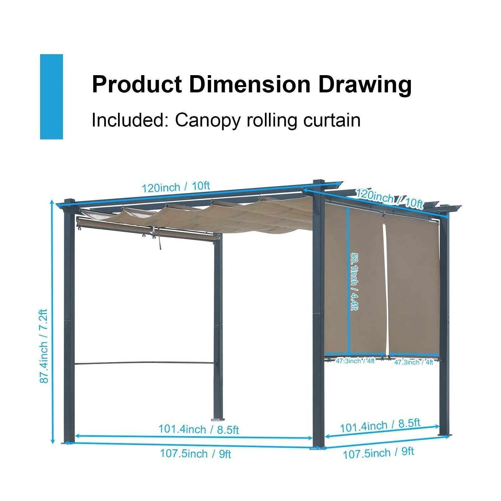 10 x 10 FT Outdoor Pergola with Shade Canopy, Aluminum Frame, Roller Shade Curtain Brown Aoodor