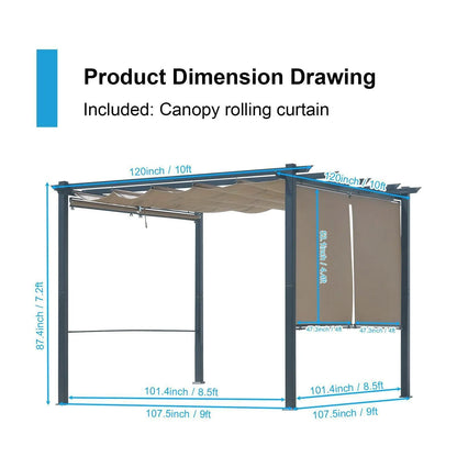 10 x 10 FT Outdoor Pergola with Shade Canopy, Aluminum Frame, Roller Shade Curtain Brown Aoodor