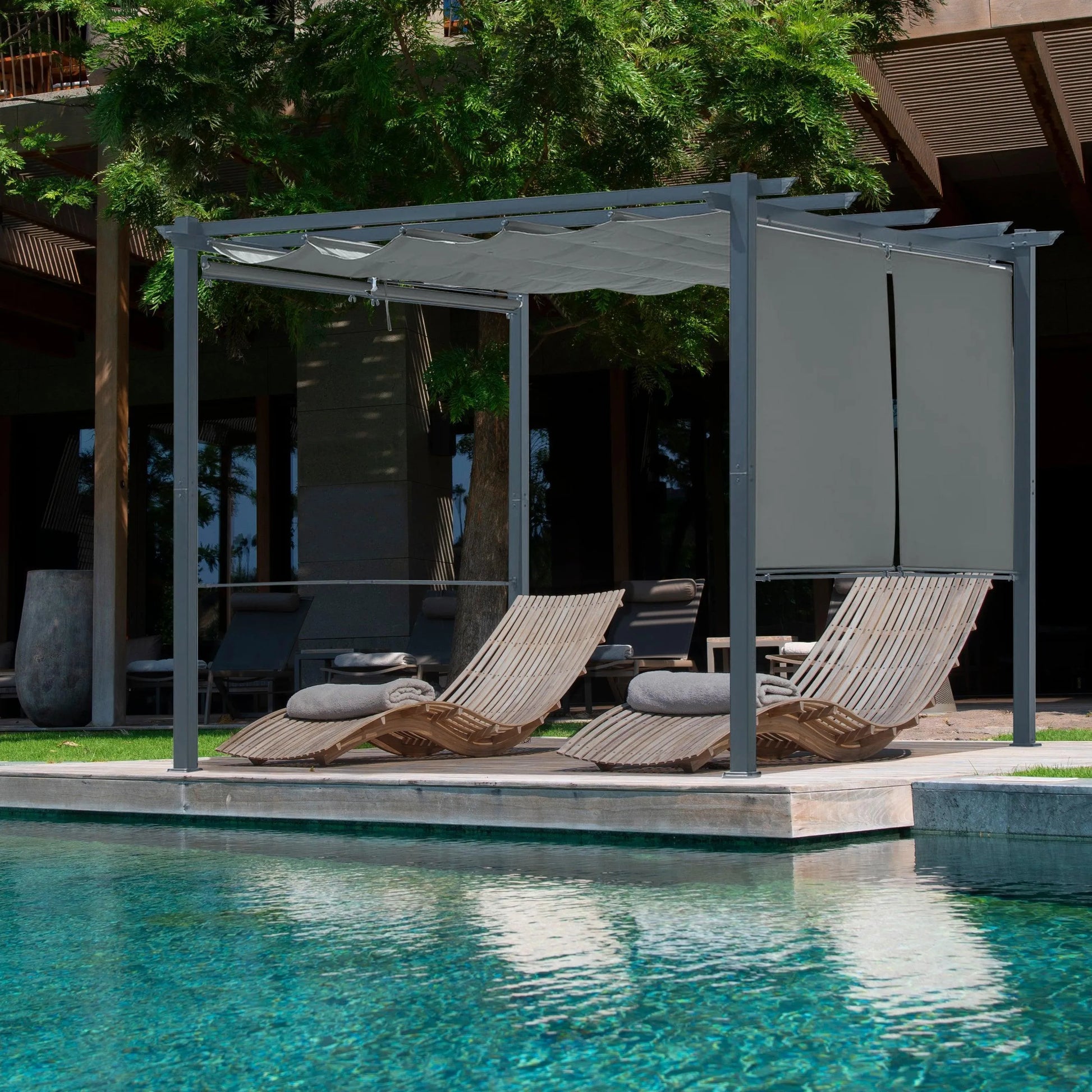 10 x 10 FT Outdoor Pergola with Shade Canopy, Aluminum Frame, Roller Shade Curtain Gray Aoodor