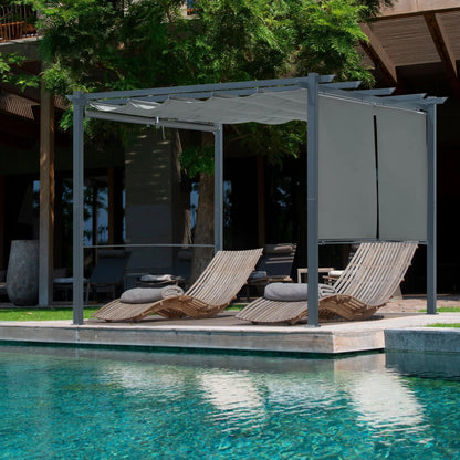 10 x 10 FT Outdoor Pergola with Shade Canopy, Aluminum Frame, Roller Shade Curtain Gray Aoodor