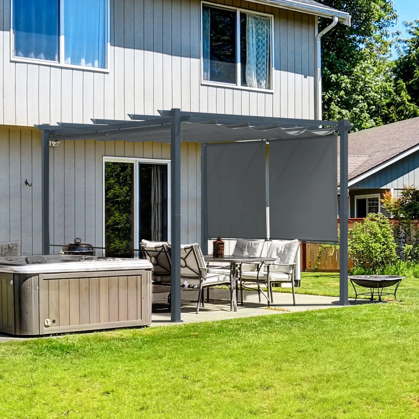 10 x 10 FT Outdoor Pergola with Shade Canopy, Aluminum Frame, Roller Shade Curtain Gray Aoodor