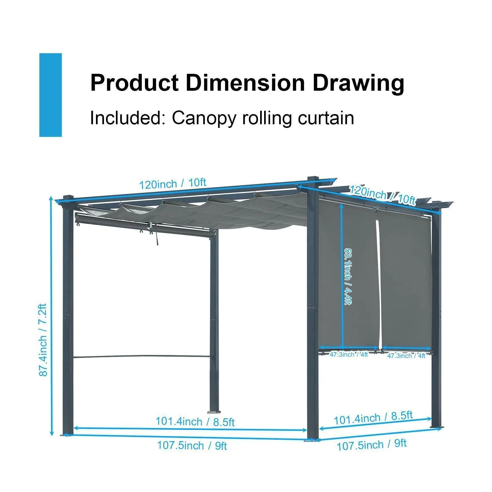 10 x 10 FT Outdoor Pergola with Shade Canopy, Aluminum Frame, Roller Shade Curtain Gray Aoodor