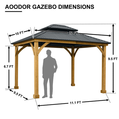 12 x 10 ft. Outdoor Solid Wooden Frame Gazebo with 2-Tier Hardtop Roof Gazebo Aoodor Charcoal  