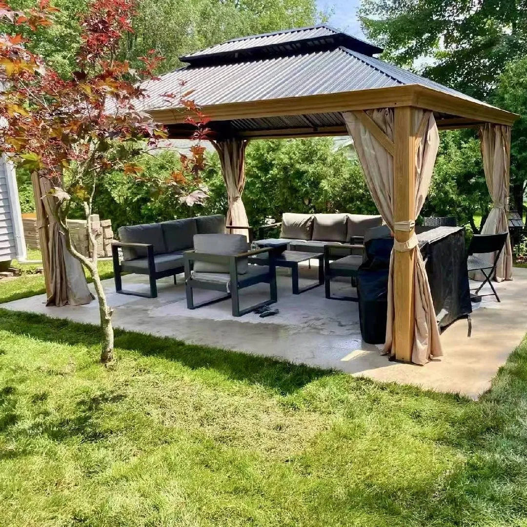 Aoodor 12'x16' Aluminum Gazebo with Wood Grain Finish, 2-Tier Steel Roof, Curtains and Netting