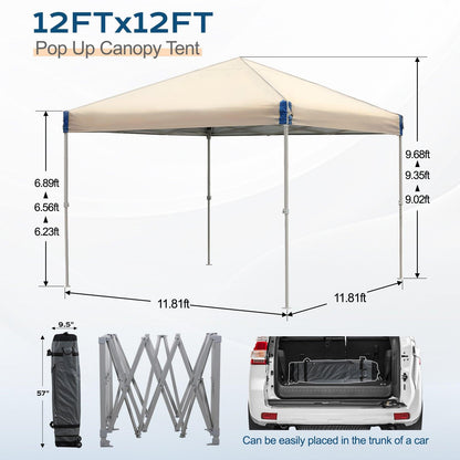 12 x 12 FT Pop Up Canopy Tent with Roller Bag, Instant Shade Canopy Brown Aoodor