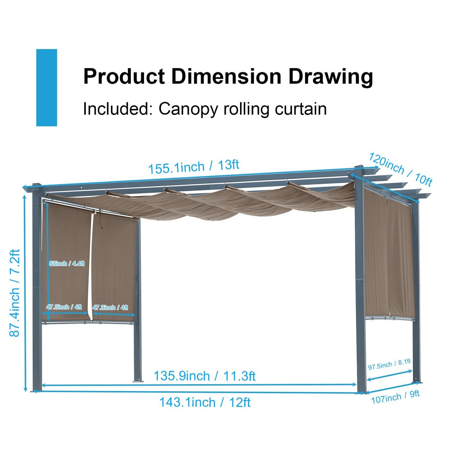 13 x 10 FT Outdoor Pergola with Retractable Shade Canopy, Aluminum Frame,Roller Shade Curtain Aoodor Brown