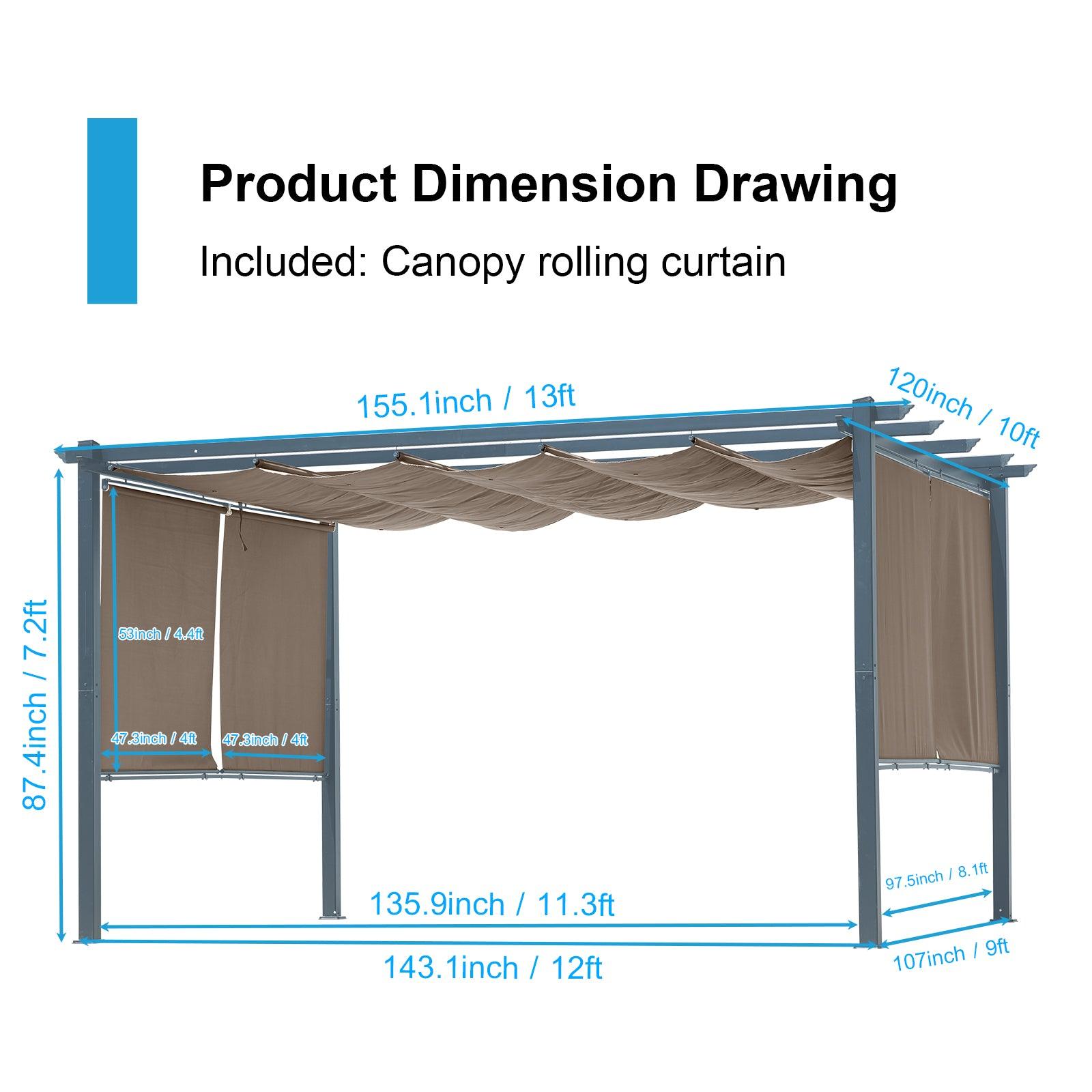13 x 10 FT Outdoor Pergola with Retractable Shade Canopy, Aluminum Frame,Roller Shade Curtain Aoodor Brown