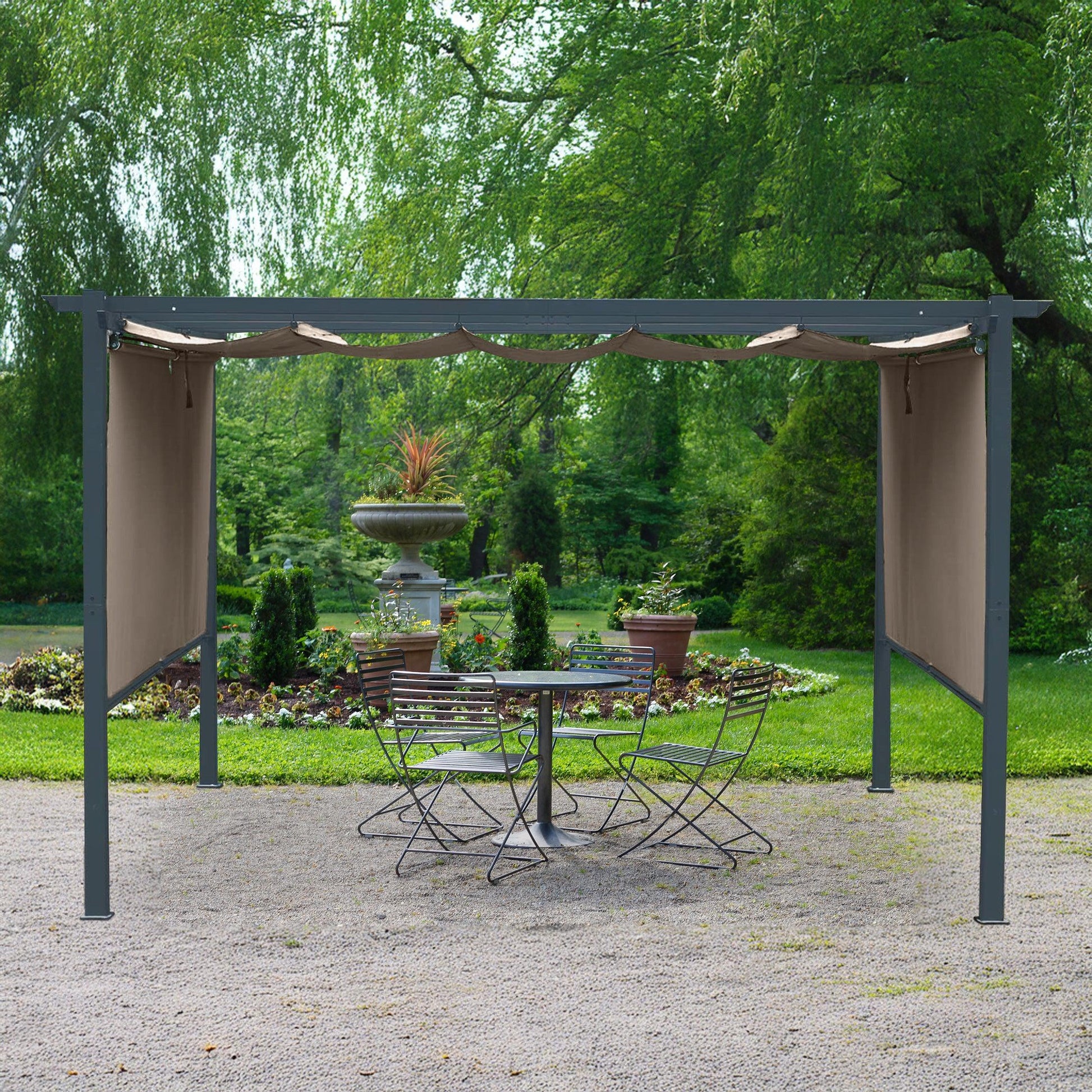 13 x 10 FT Outdoor Pergola with Retractable Shade Canopy, Aluminum Frame,Roller Shade Curtain Aoodor Brown