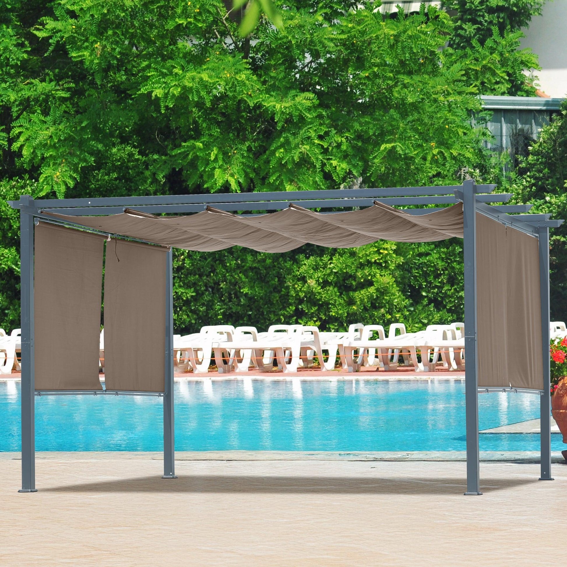 13 x 10 FT Outdoor Pergola with Retractable Shade Canopy, Aluminum Frame,Roller Shade Curtain Aoodor Brown