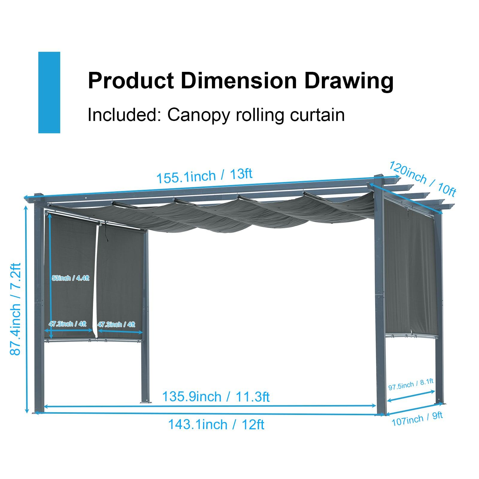13 x 10 FT Outdoor Pergola with Retractable Shade Canopy, Aluminum Frame,Roller Shade Curtain Aoodor Gray