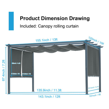 13 x 10 FT Outdoor Pergola with Retractable Shade Canopy, Aluminum Frame,Roller Shade Curtain Aoodor Gray