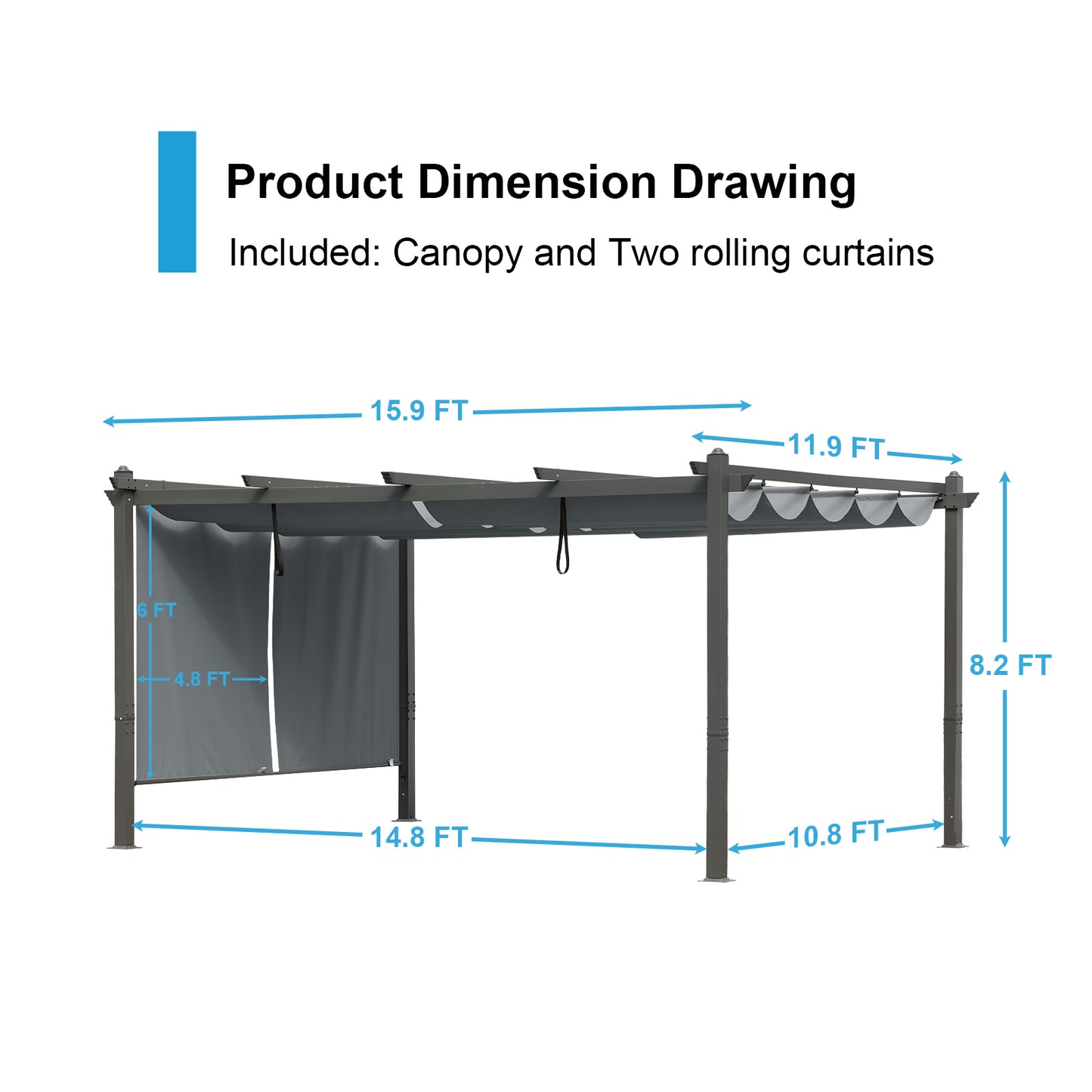 16 x 12 FT/14 x 12 FT Outdoor Pergola with Retractable Shade Canopy, Aluminum Frame, Roller Shade Curtain