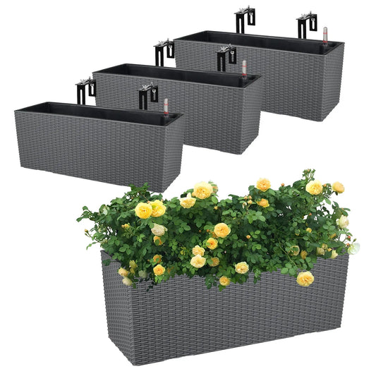 19.5 inch Window Planter Box, Wall Mount/Railing Self-Watering Planter with Adjustable Bracket - Set of 4 Gray Aoodor