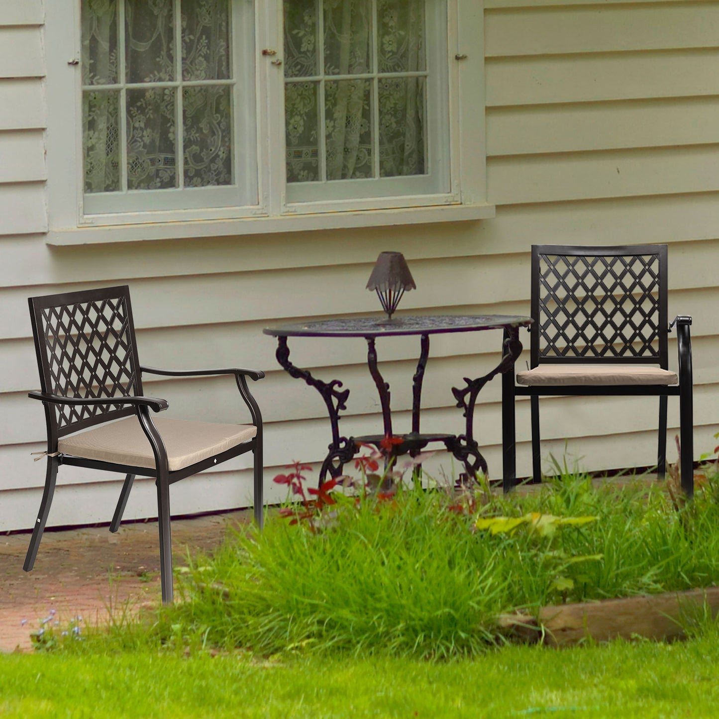 Outdoor Patio Metal Dining Chairs 2-Piece Set with Seat Cushions