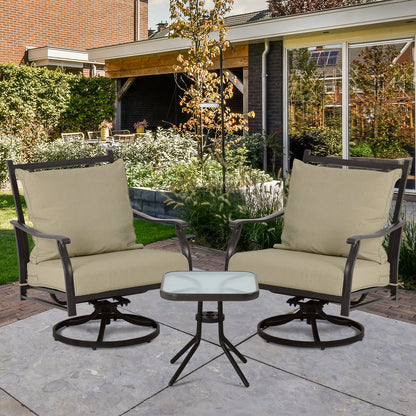 Outdoor Swivel Chair Set -  Two Chairs, One Glass Table, and 2 Thick Cushions