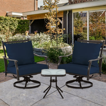 Outdoor Swivel Chair Set -  Two Chairs, One Glass Table, and 2 Thick Cushions