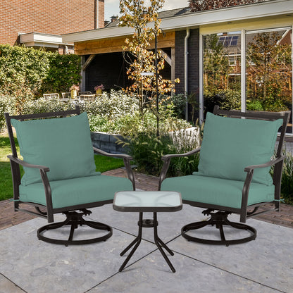 Outdoor Swivel Chair Set -  Two Chairs, One Glass Table, and 2 Thick Cushions