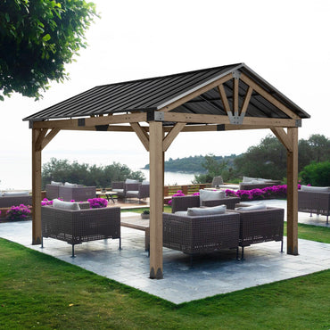 10'x12'/12'x14' Cedar Wood Hardtop Gazebo with Galvanized Steel Roof