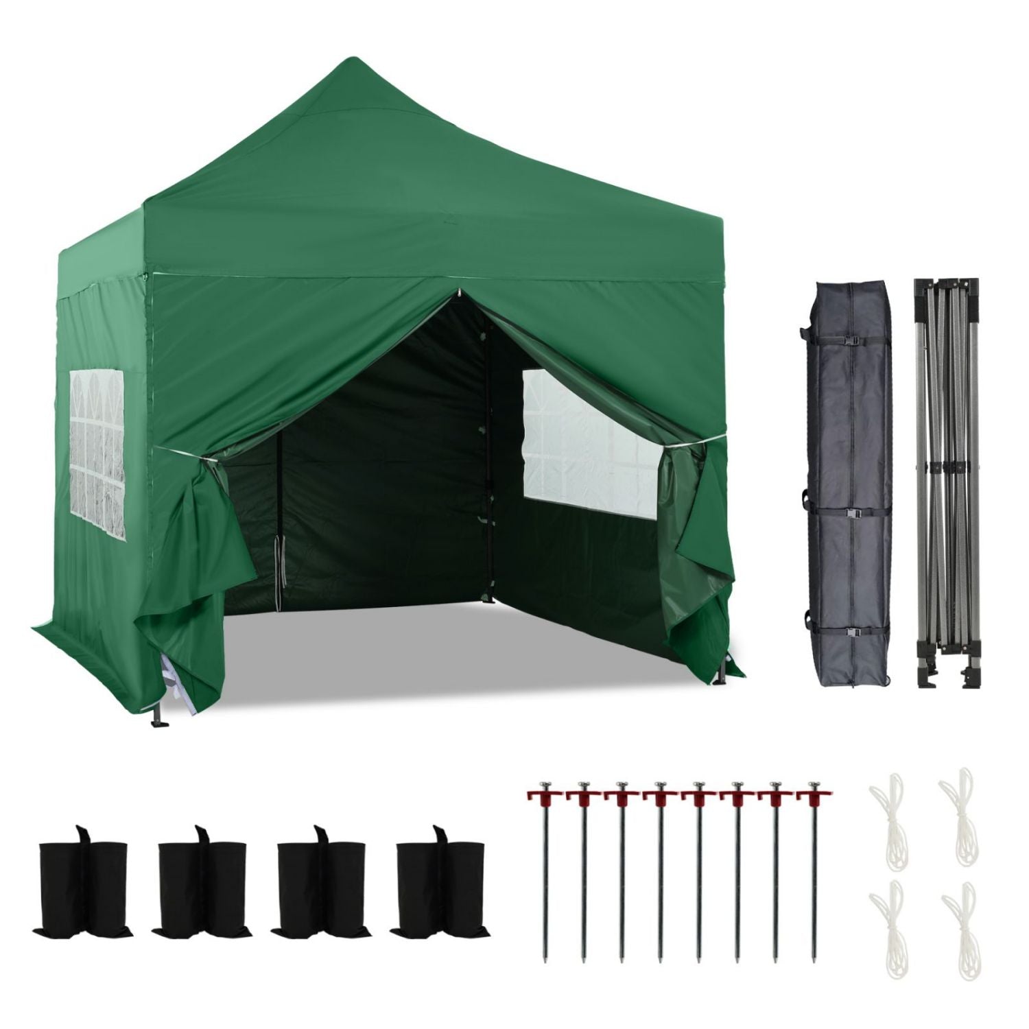 10 x 10 FT. Pop Up Canopy Tent with Windows Sidewalls, 3 Adjustable Heights, with Wheeled Bag  Aoodor  Green  