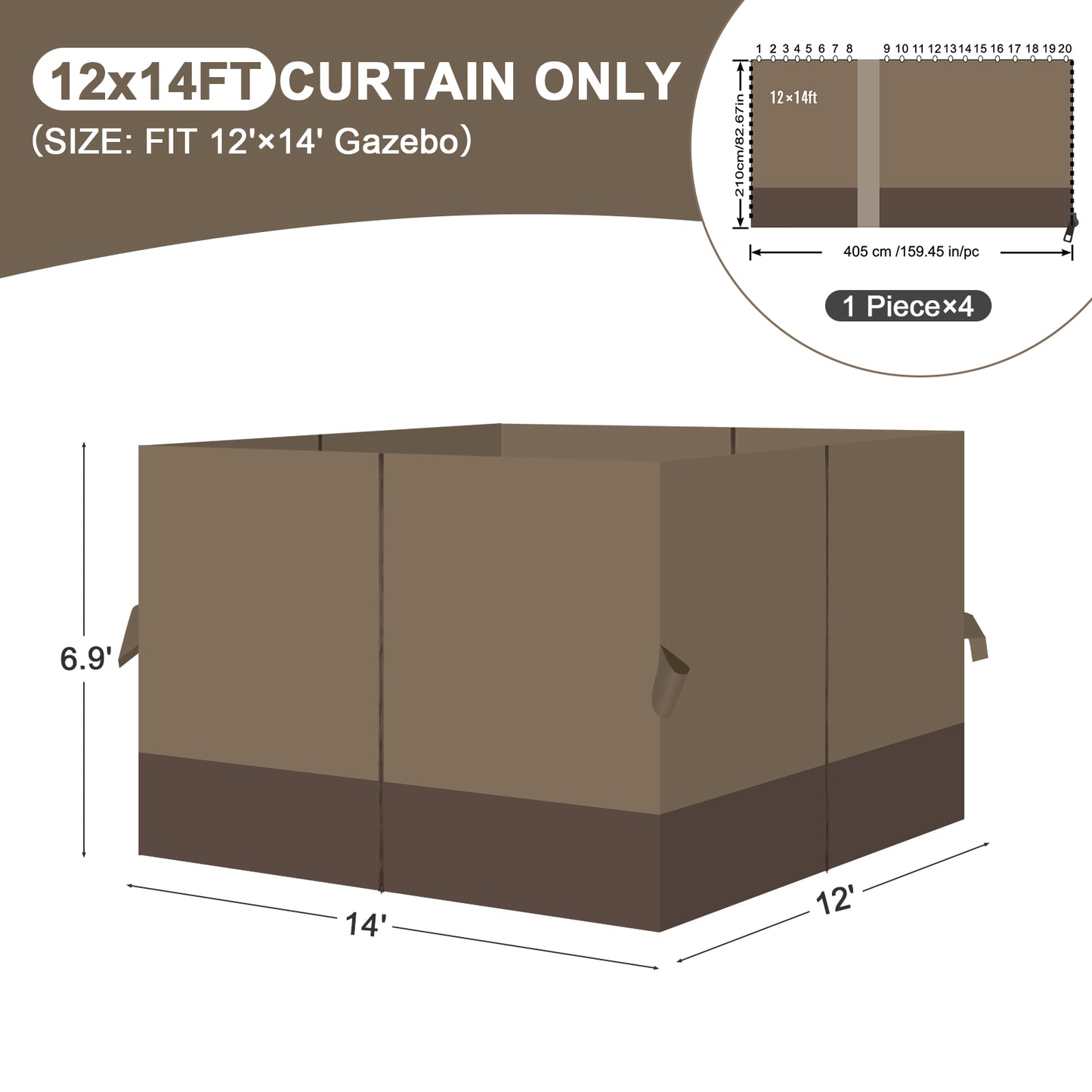 Universal Gazebo Curtain Set for Privacy Side Walls 4 Panels (Curtain Only) - Brown Coffee