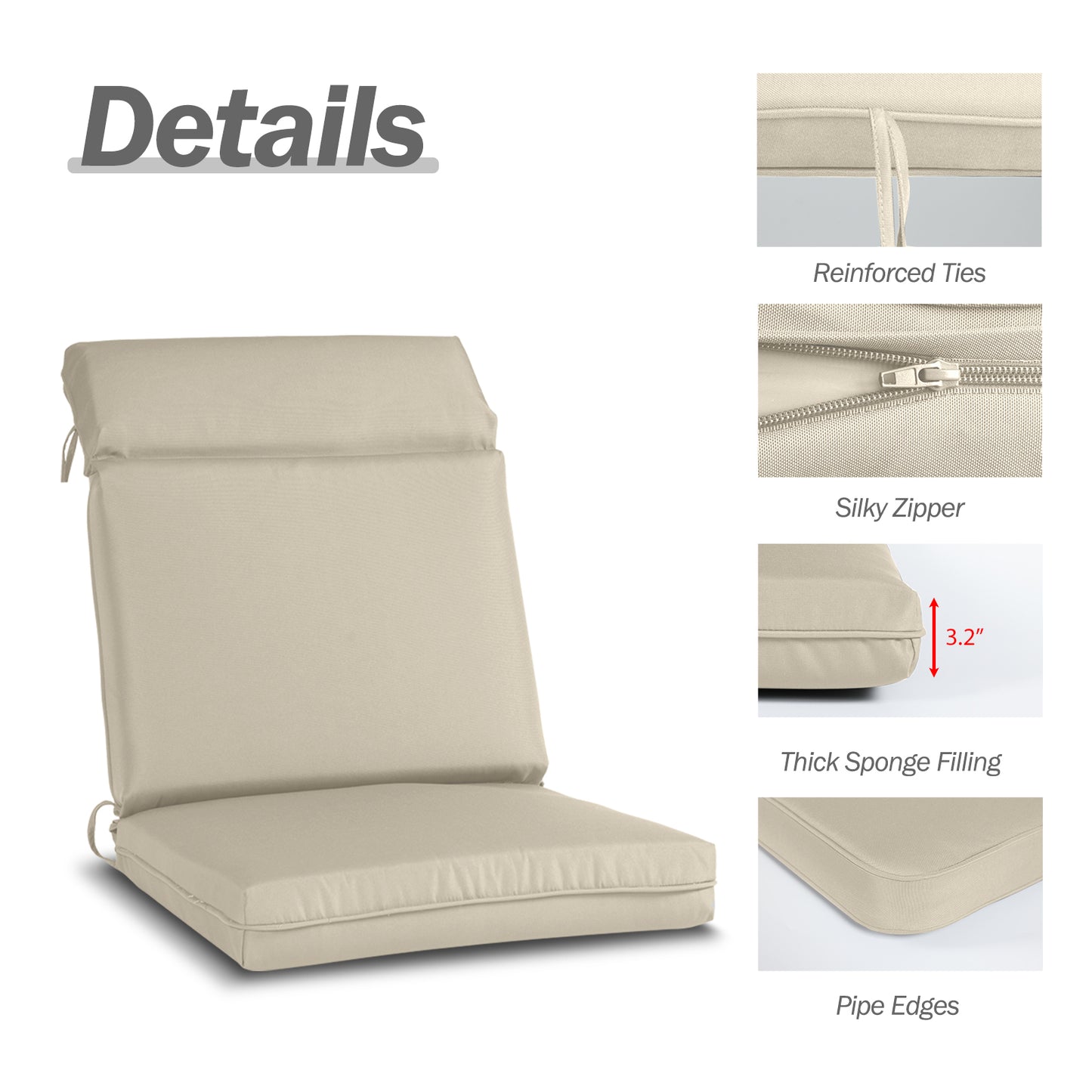 Outdoor High Back Dining Chair Cushion Set, Polyester Fabric Cover with Ties and Zippers