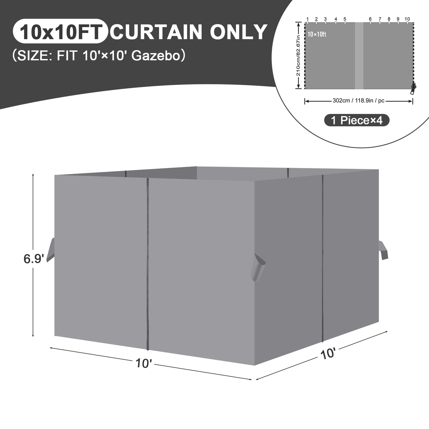 Universal Gazebo Curtain Set for Privacy Side Walls 4 Panels (Curtain Only) - Gray