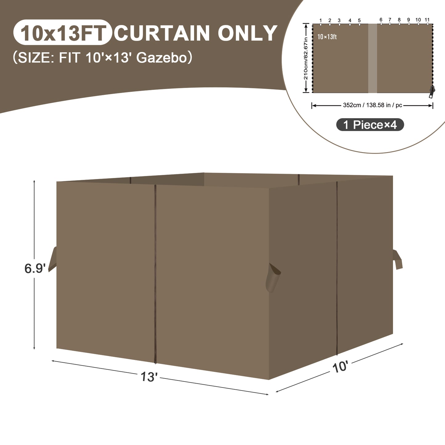 Universal Gazebo Curtain Set for Privacy Side Walls 4 Panels (Curtain Only) - Brown