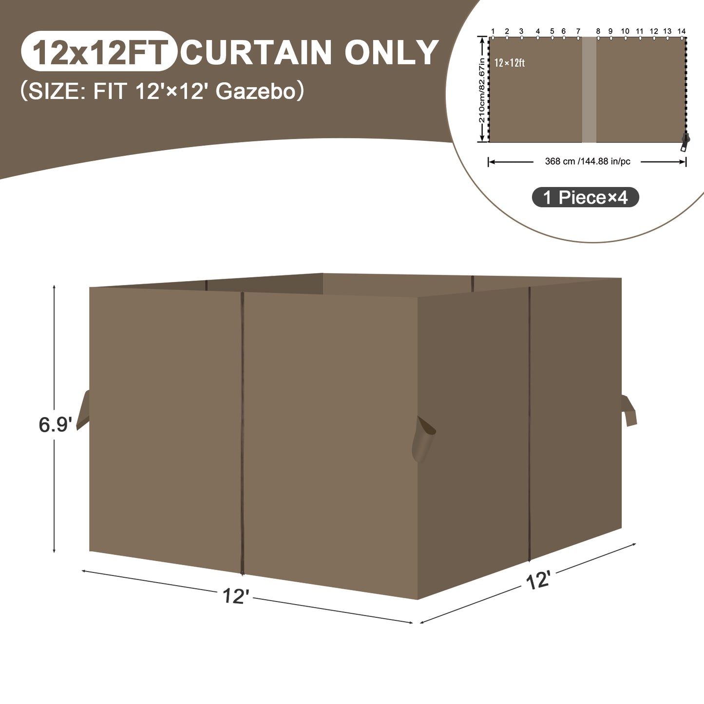 Universal Gazebo Curtain Set for Privacy Side Walls 4 Panels (Curtain Only) - Brown