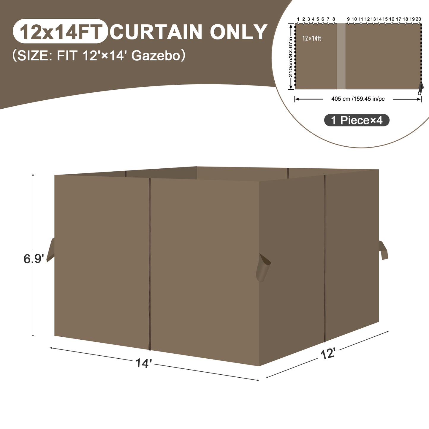 Universal Gazebo Curtain Set for Privacy Side Walls 4 Panels (Curtain Only) - Brown