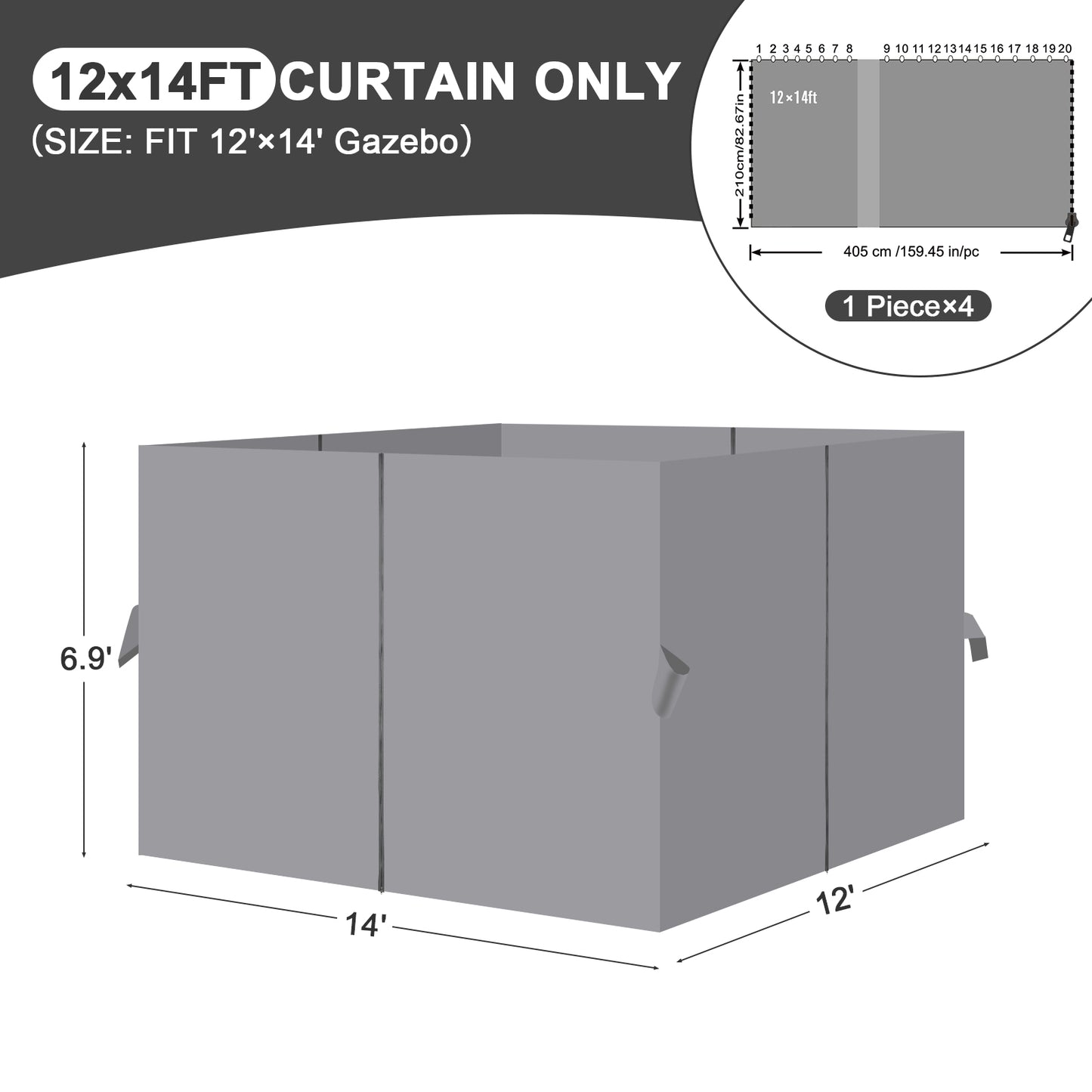 Universal Gazebo Curtain Set for Privacy Side Walls 4 Panels (Curtain Only) - Gray