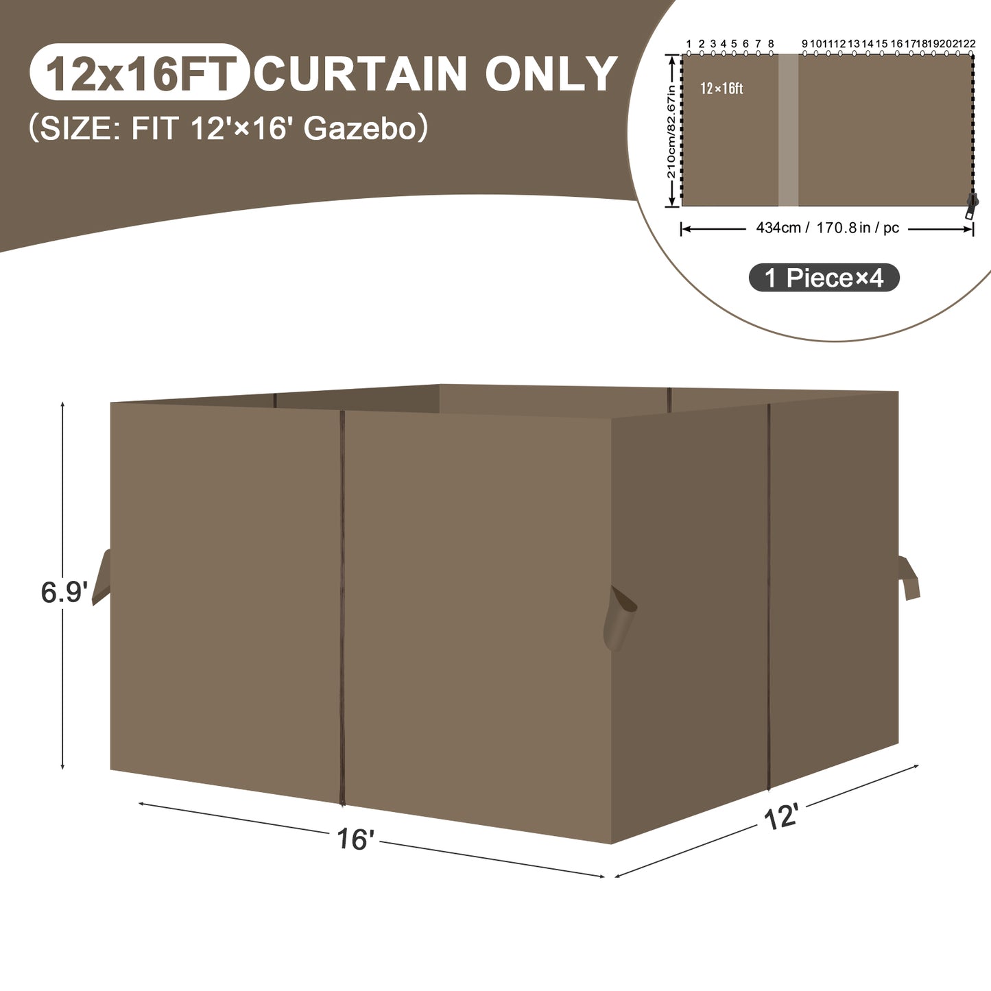 Universal Gazebo Curtain Set for Privacy Side Walls 4 Panels (Curtain Only) - Brown