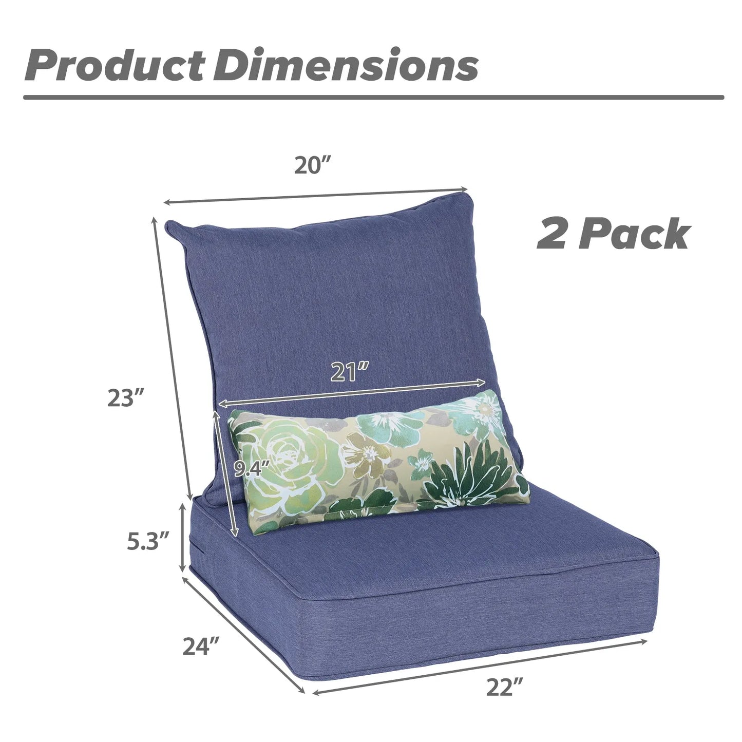 Patio Deep Chair Cushion, 2 Back 2 Seater 2 Pillow, Dark Blue 22"x24"