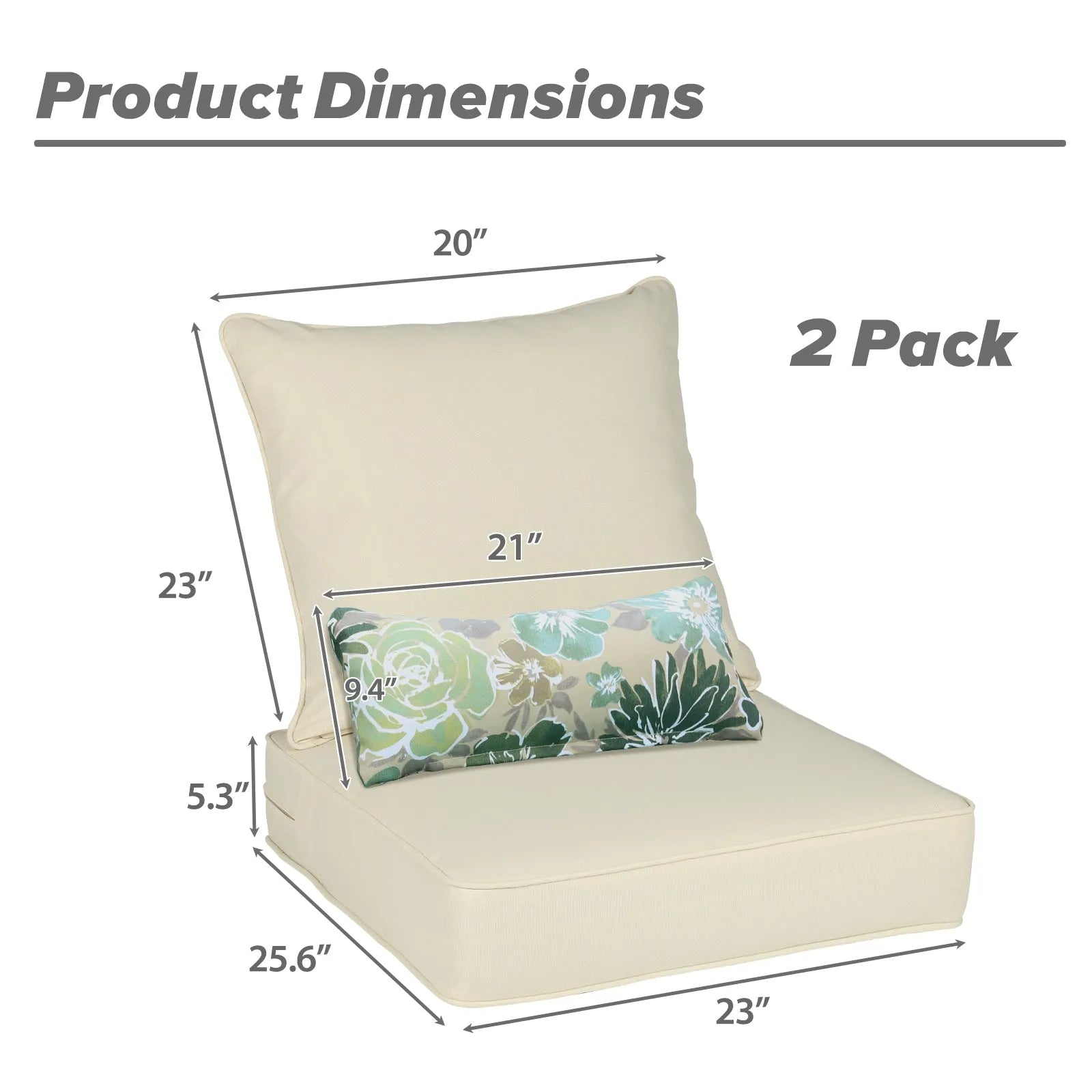 Patio Deep Chair Cushion, 2 Back 2 Seater 2 Pillow, Cream Yellow Aoodor 23x26x5 inch