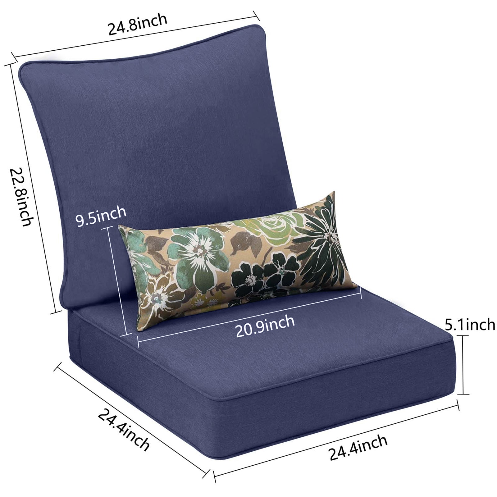 24'' x 24'' Patio Deep Chair Cushion - 2 Back 2 Seater 2 Pillow CUSHION Aoodor 