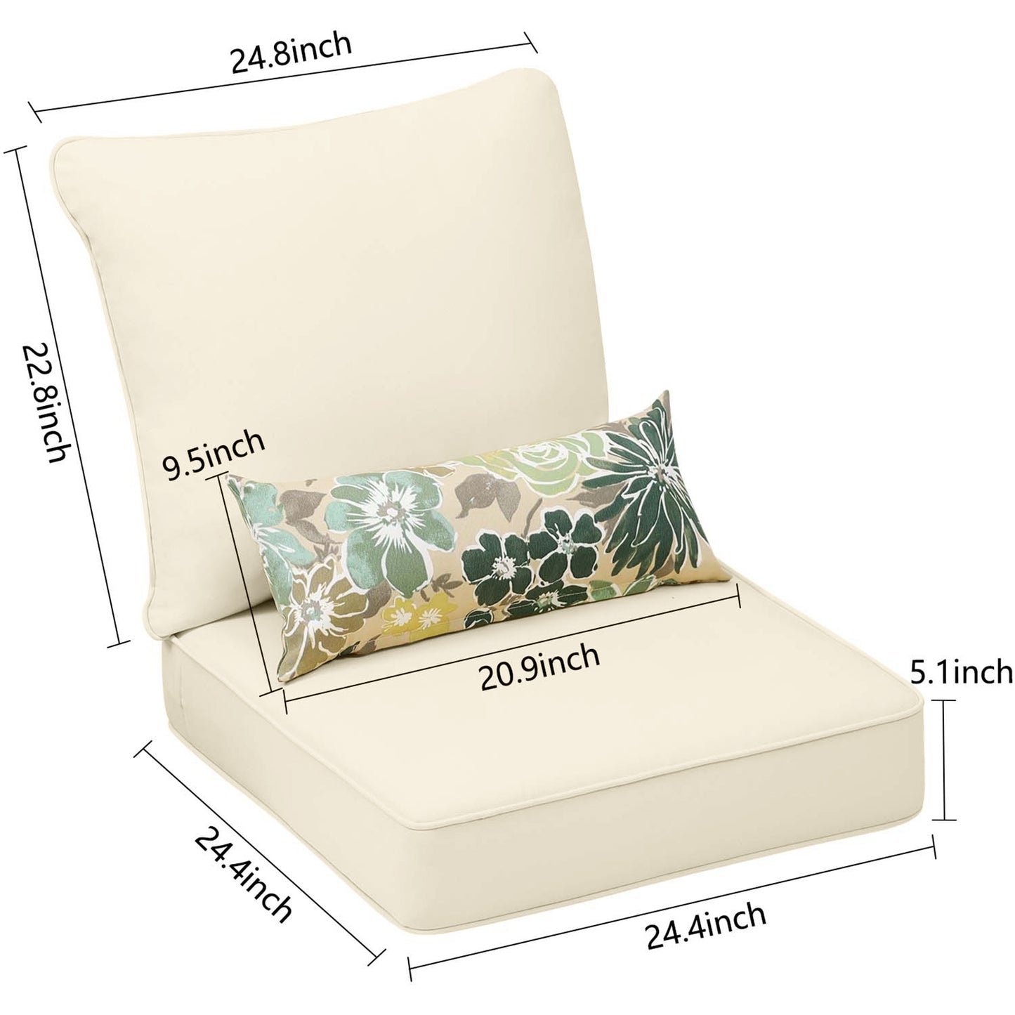 24'' x 24'' Patio Deep Chair Cushion - 2 Back 2 Seater 2 Pillow CUSHION Aoodor