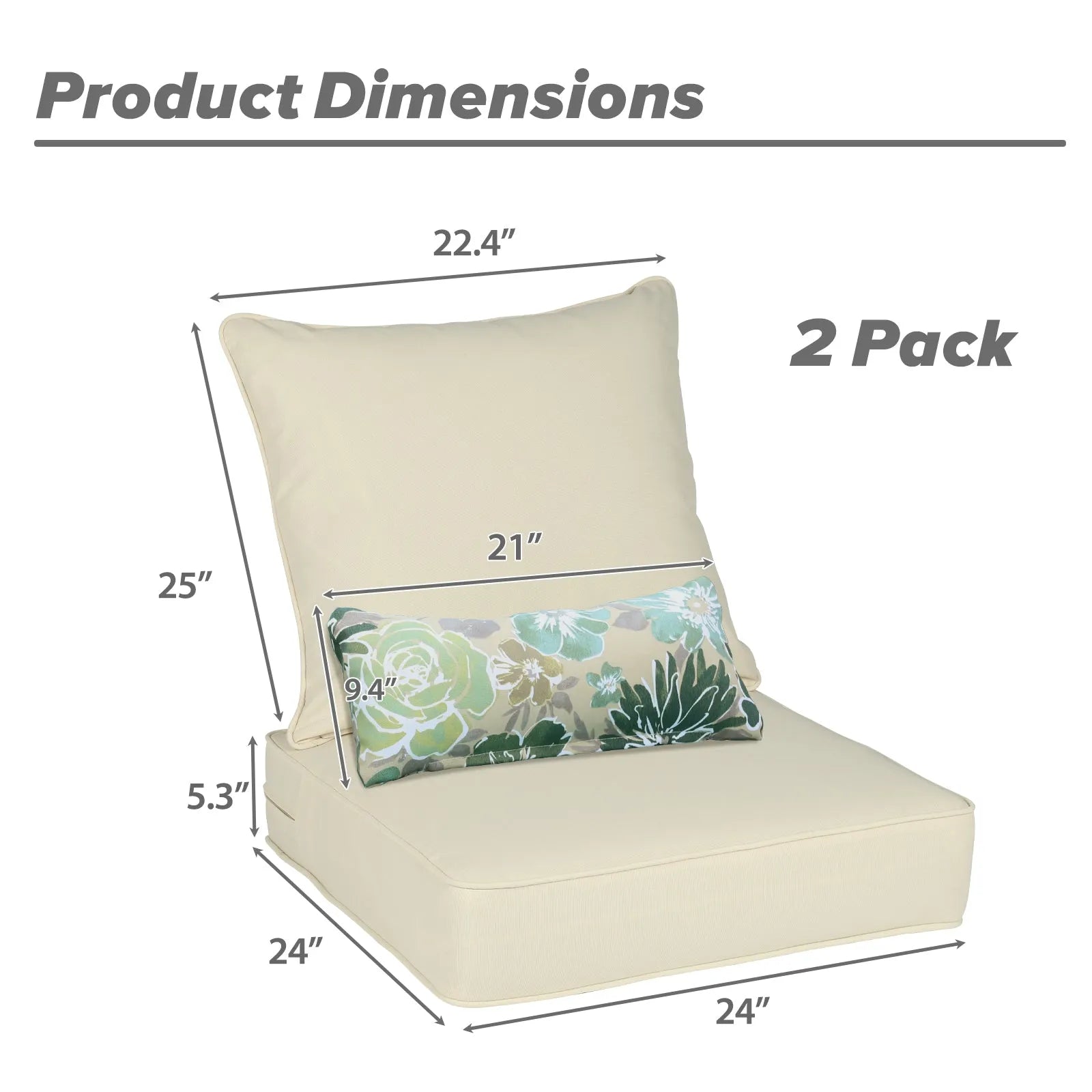 Patio Deep Chair Cushion, 2 Back 2 Seater 2 Pillow, Cream Yellow Aoodor 24x24x5 inch