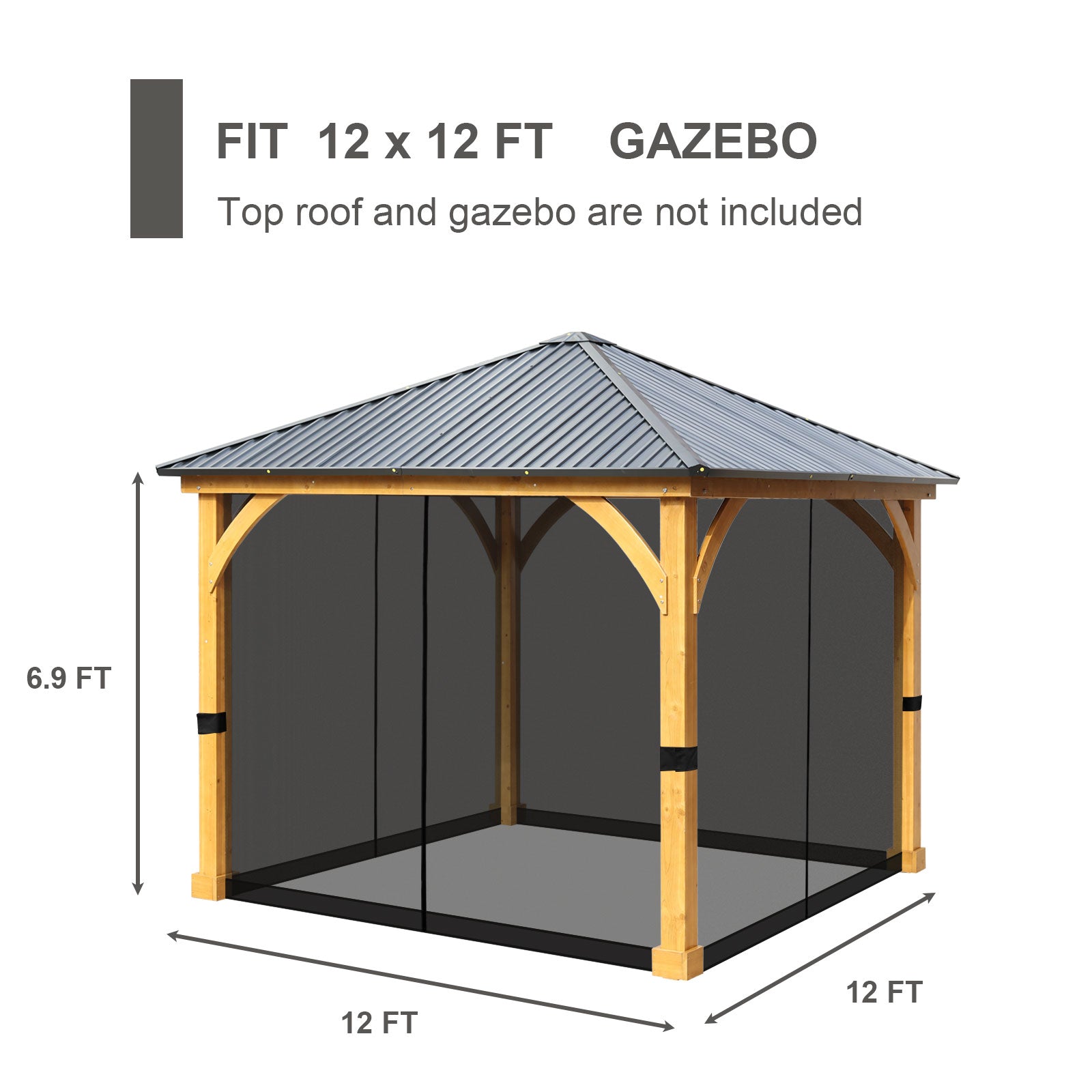 Universal Gazebo Replacement Mosquito Netting Screen 4-Panel Sidewalls with Double Zipper (Only Netting)  Aoodor  Black 12 x 12 ft. 