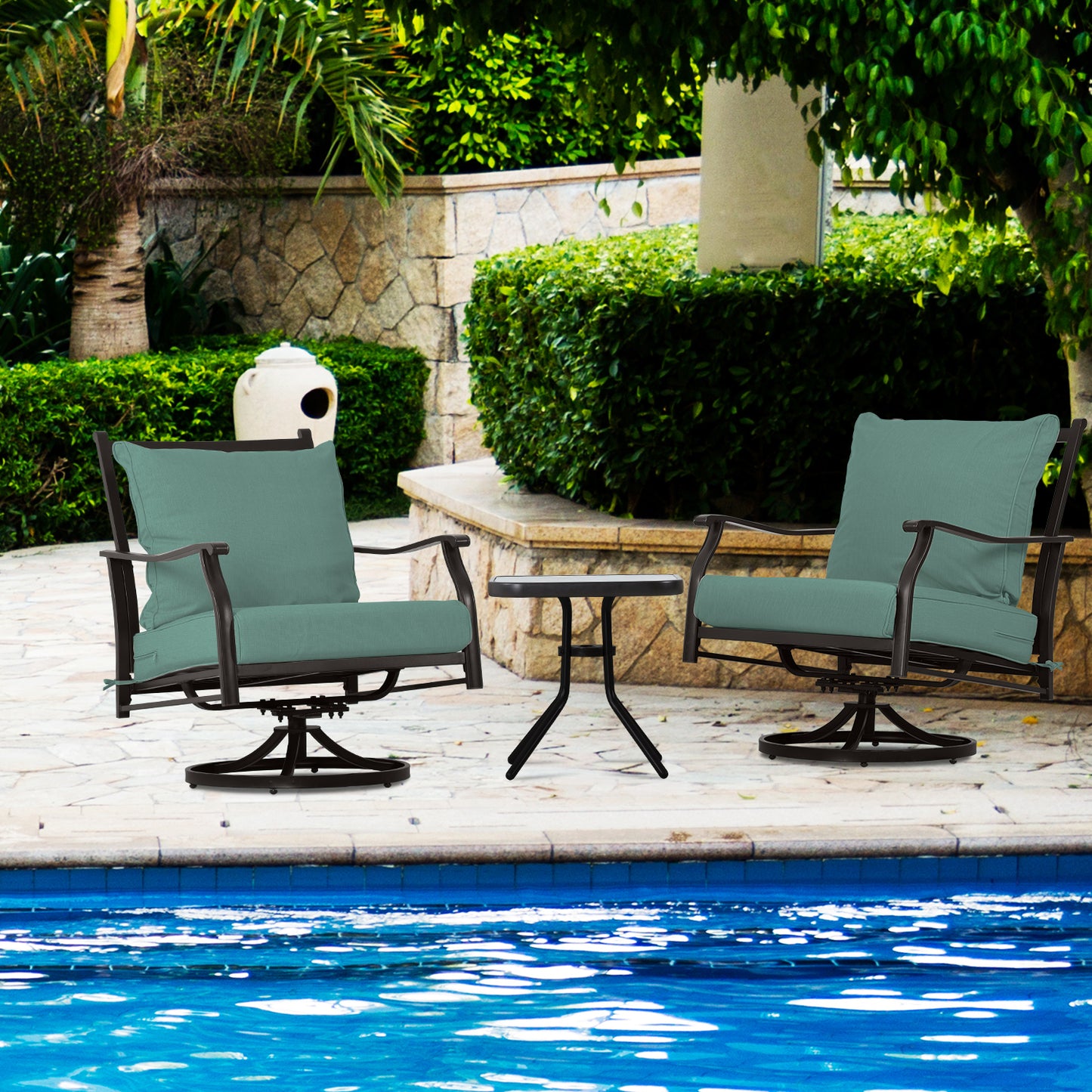 Outdoor Swivel Chair Set -  Two Chairs, One Glass Table, and 2 Thick Cushions