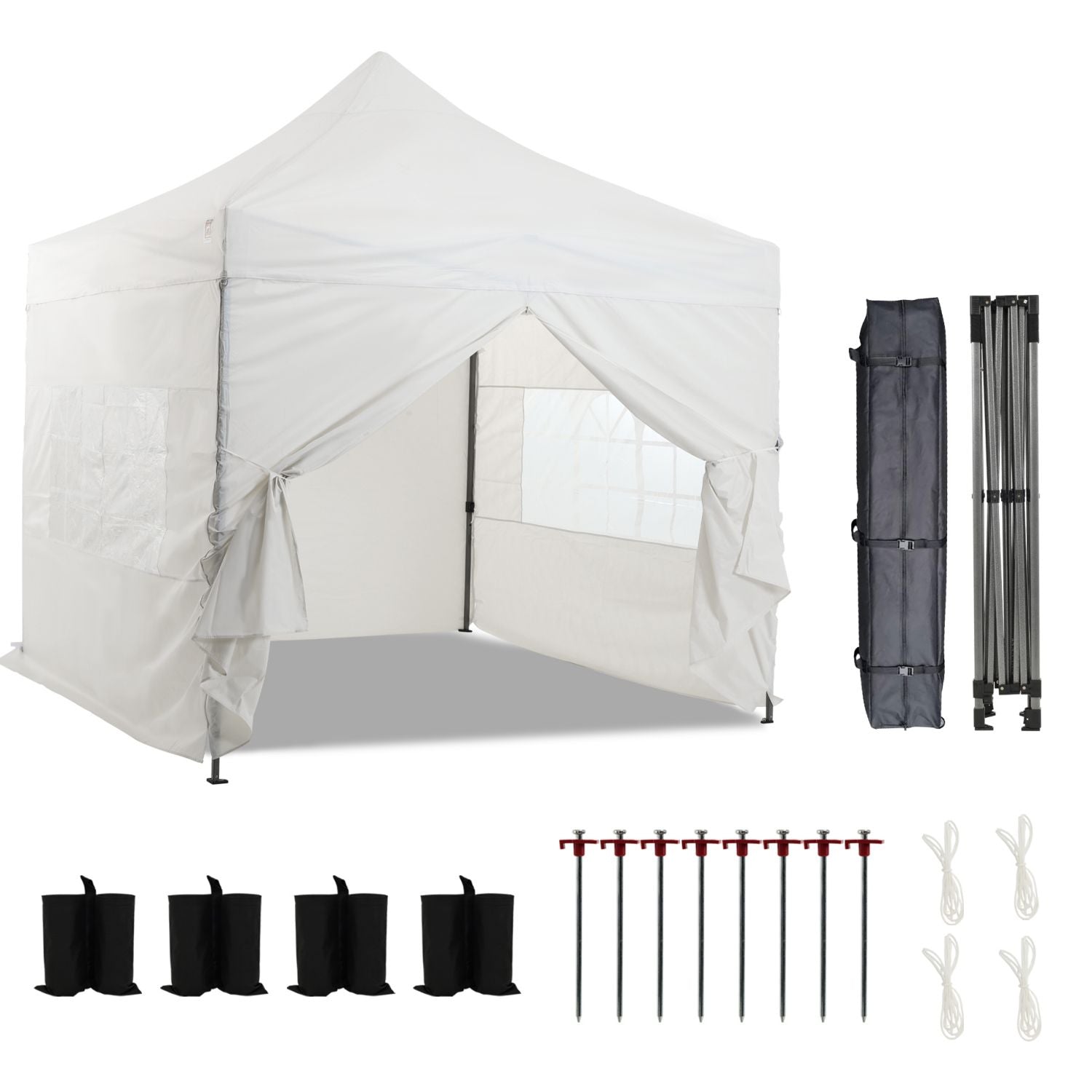 10 x 10 FT. Pop Up Canopy Tent with Windows Sidewalls, 3 Adjustable Heights, with Wheeled Bag  Aoodor  White  