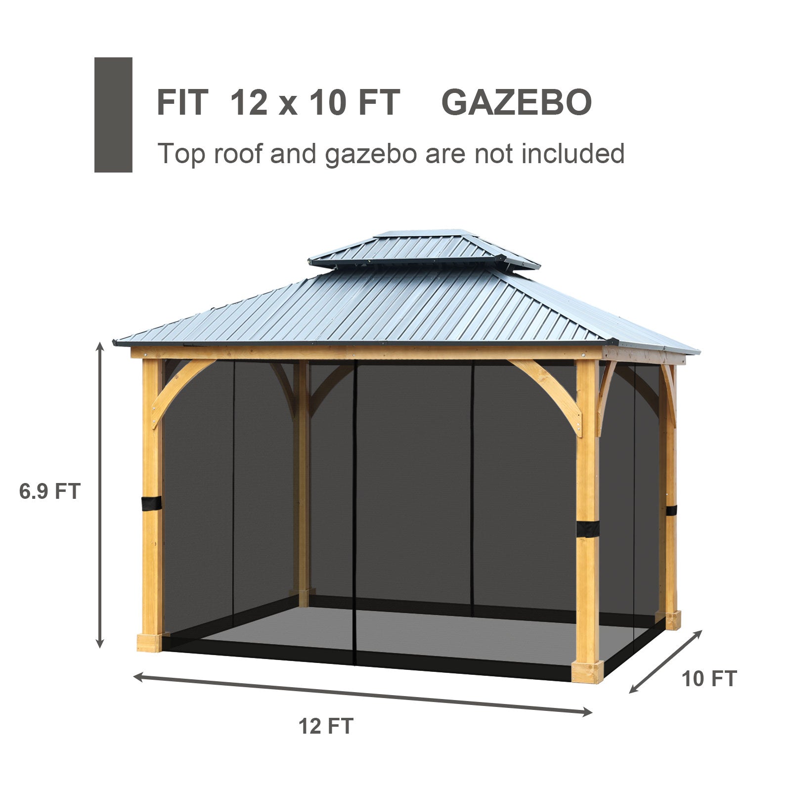 Universal Gazebo Replacement Mosquito Netting Screen 4-Panel Sidewalls with Double Zipper (Only Netting)  Aoodor  Black 10 x 12 ft. 