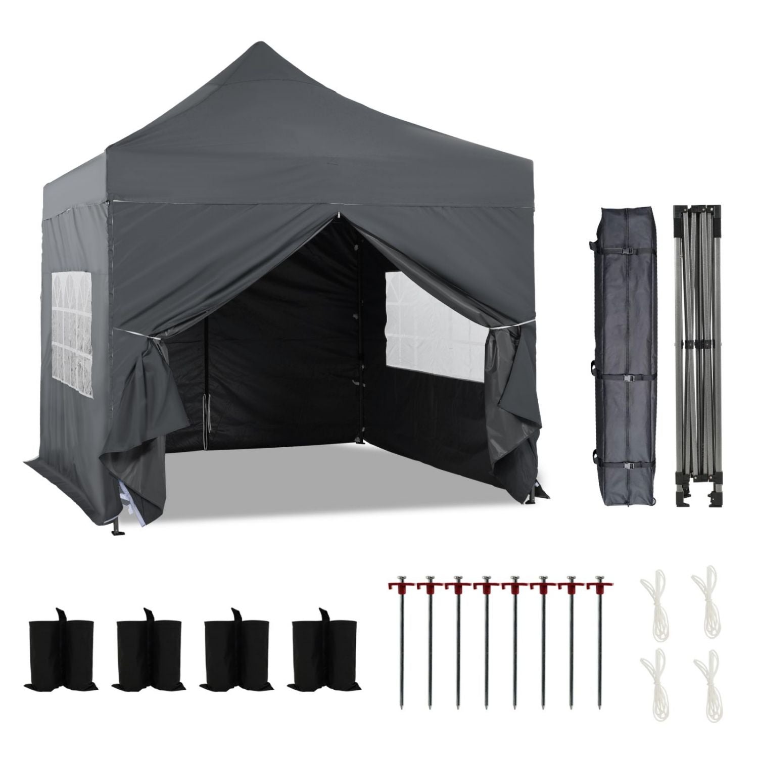 10 x 10 FT. Pop Up Canopy Tent with Windows Sidewalls, 3 Adjustable Heights, with Wheeled Bag  Aoodor  Gray  