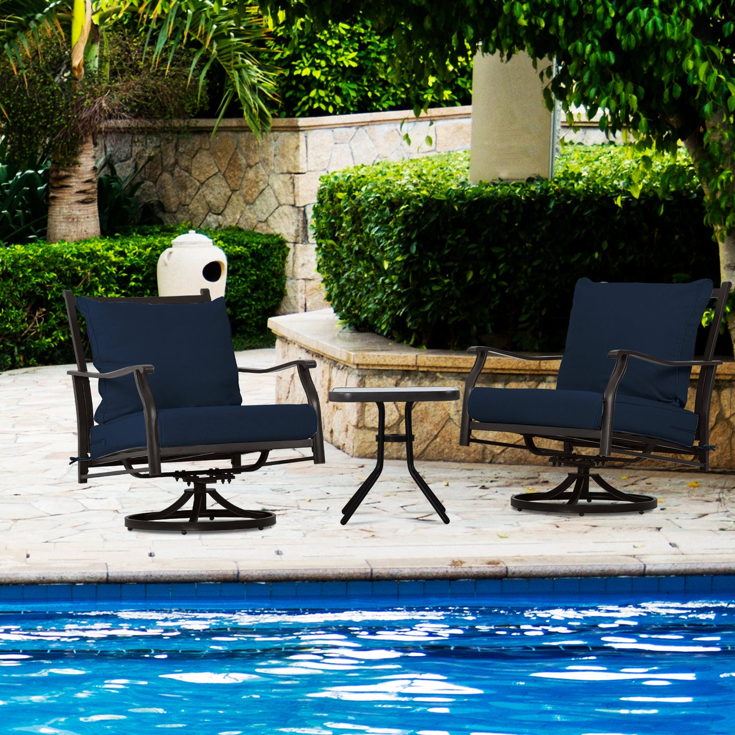 Outdoor Swivel Chair Set -  Two Chairs, One Glass Table, and 2 Thick Cushions