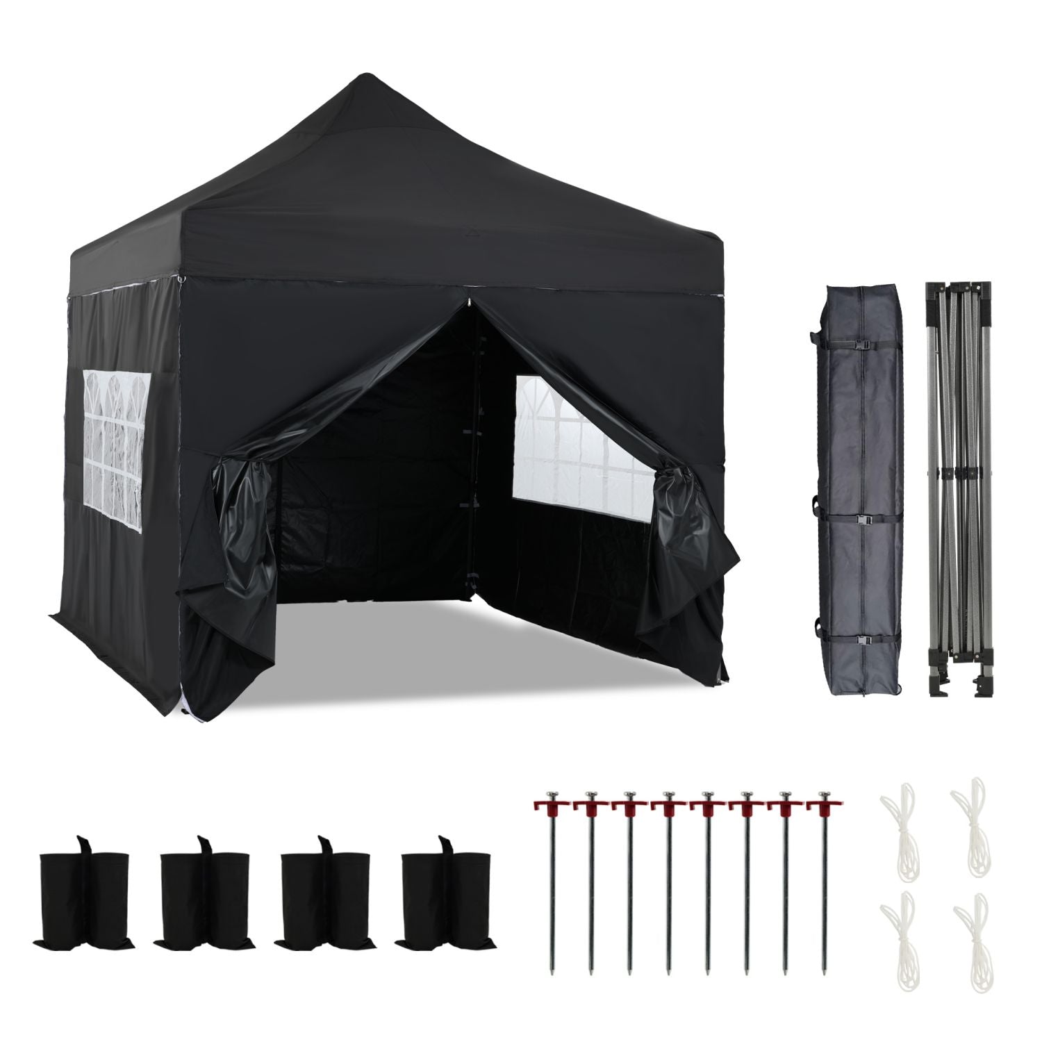 10 x 10 FT. Pop Up Canopy Tent with Windows Sidewalls, 3 Adjustable Heights, with Wheeled Bag  Aoodor  Black  