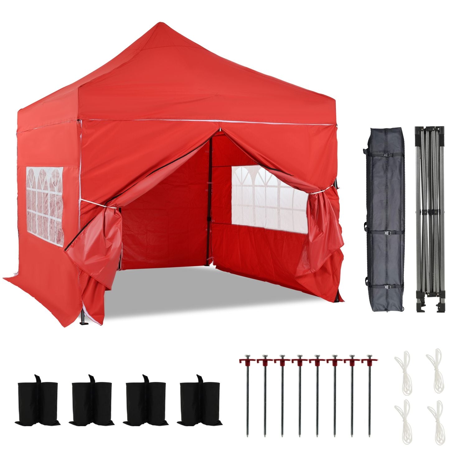 10 x 10 FT. Pop Up Canopy Tent with Windows Sidewalls, 3 Adjustable Heights, with Wheeled Bag  Aoodor  Red  