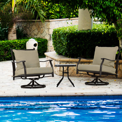 Outdoor Swivel Chair Set -  Two Chairs, One Glass Table, and 2 Thick Cushions