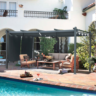 16x12/14x12 ft. Outdoor Pergola with Retractable Shade Canopy, Aluminum Frame, Roller Shade Curtain