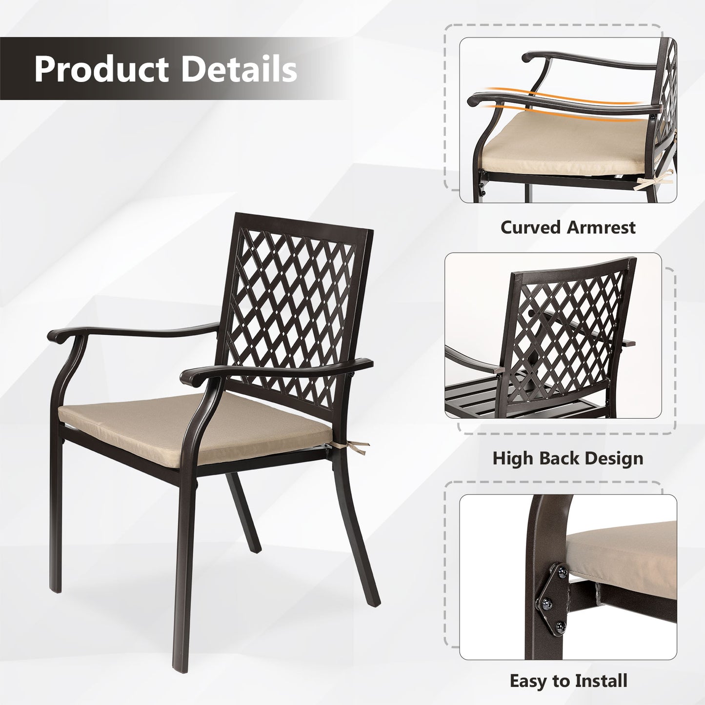 Outdoor Patio Metal Dining Chairs 2-Piece Set with Seat Cushions